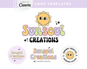 Retro Sun Logo Design Design, Editable Canva Logo Template, Rainbow Logo for Small Business, Colorful Sunshine Logo Kit with Sparkles, Sunni