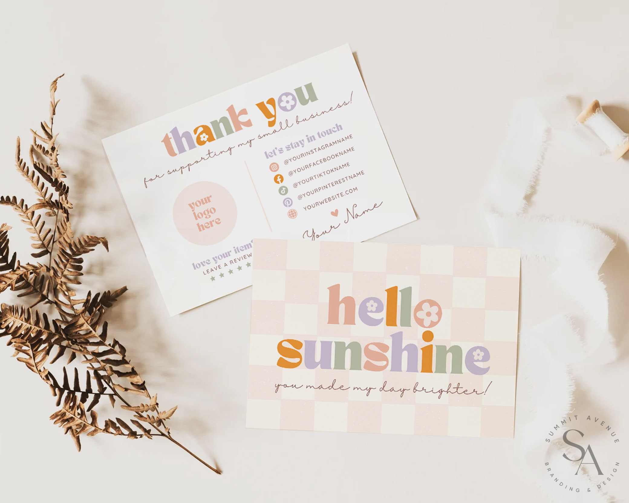 Retro Rainbow Thank You Card Canva Template, Colorful Boho Small ...