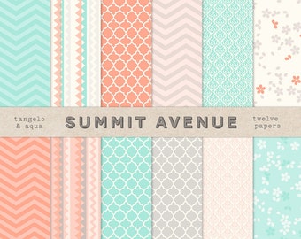 Photography or PERSONAL USE - digital scrapbook paper pack - 12 coral & mint modern designs