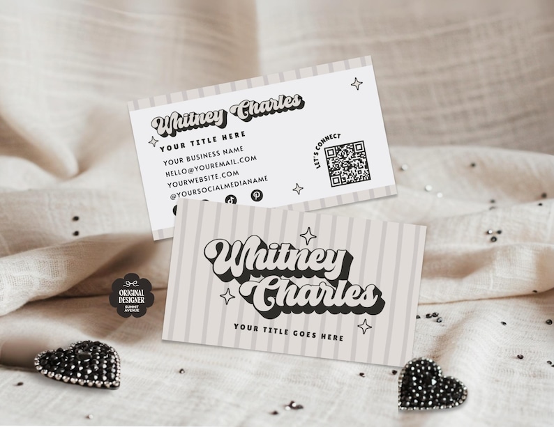 May include: Two business cards featuring the name "Whitney Charles" in a retro style. One card displays contact details and a QR code. The other card has the text "Your Title Goes Here". Both cards have a light grey background with vertical stripes.