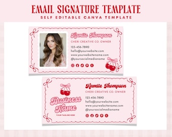 Coquette Cherry Bow Email Signature Template Canva - Feminine Small Business Email Design - Retro Script Logo & Photo Designs, Cheri