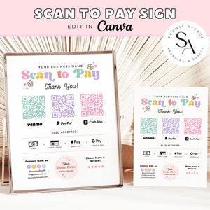 Bearbeitbares Retro Buntes Scan-to-Pay-QR-Schild, DIY Boho druckbares Zahlungsschild, Zeichen für akzeptierte Zahlungen, Geschäft-QR-Schild Canva-Vorlage, Becka