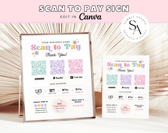 Editable Retro Colorful Scan to Pay QR Sign, DIY Boho Printable Payment Sign, Accepted Payments Sign, Business QR Sign Canva Template, Becka