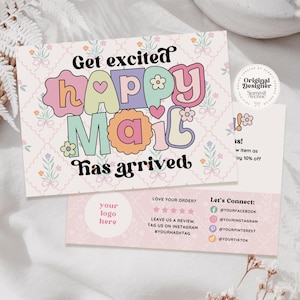 Coquette Thank You Card, Happy Mail Editable Customer Thank You Business Packaging, DIY Retro Valentine's Thank You Insert Canva Template