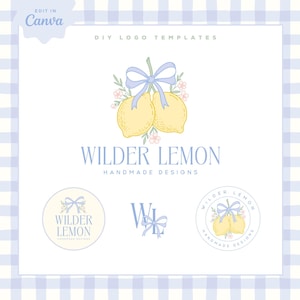 Vintage Lemon Logo Design, Editable Canva Logo Template, Coquette Lemon Bow Logo for Small Business, DIY Elegant Monogram Crest Logo design