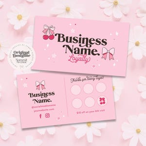 Modelo de cartão de fidelidade editável, cartão de cliente perfurado Coquette, cartão de desconto para impressão DIY, cartão de recompensas Pink Bow, cartão de carimbo do cliente, Lila