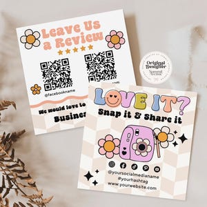 Bewerkbare retro-klik- en deelkaartcanvasjabloon, laat een recensie achter Kaart, doe-het-zelf volg ons op sociale media Bestelling invoegen kaartsjabloon, Madi