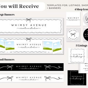 Pode incluir: Um conjunto de modelos digitais para lojas Etsy, incluindo banners, &iacute;cones de loja e modelos de listagem. O design apresenta o texto "WHIMSY AVENUE creative studio" em uma fonte de script delicada, com la&ccedil;os decorativos. O esquema de cores &eacute; principalmente preto e branco.