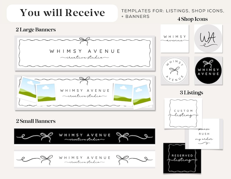 Pode incluir: Um conjunto de modelos digitais para lojas Etsy, incluindo banners, &iacute;cones de loja e modelos de listagem. O design apresenta o texto "WHIMSY AVENUE creative studio" em uma fonte de script delicada, com la&ccedil;os decorativos. O esquema de cores &eacute; principalmente preto e branco.