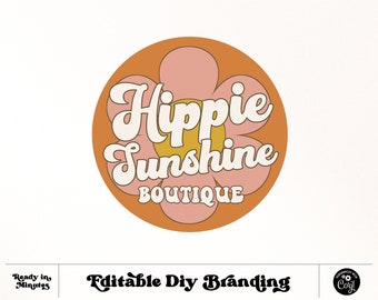 DIY  Editable Retro Hippie Flower Logo design, Premade Boho 70s Hippie Script Logo, Boutique Logo, groovy small businessLogo, Etsy Shop Logo