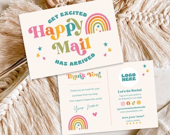 Retro Business Thank You Card Template, Rainbow Groovy Editable Thank You Card, 70s Customizable Purchase Insert Card, Canva Template, Twine