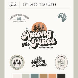 Earthy Retro Pine Tree Logo kit, DIY Premade Vintage 70s Canva Template Logo Badge Design, Boutique Small Business Pine Trees Branding Among