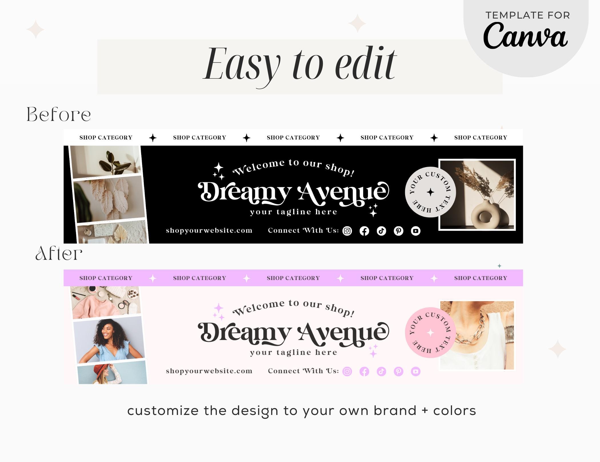Editable Retro Etsy Shop Template Kit Canva, Modern Black and White ...