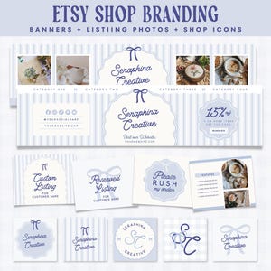 Pode incluir: Um kit de branding para lojas Etsy com banners, fotos de listagens e ícones de loja. O design apresenta um esquema de cores azul e branco com o texto "Seraphina Creative". Inclui modelos para listagens personalizadas, listagens reservadas e pedidos urgentes.