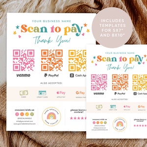 Bearbeitbare Retro Regenbogen Scan to Pay QR-Zeichen, DIY Boho druckbare Zahlungsschild, Zeichen für akzeptierte Zahlungen, Geschäft QR-Zeichen Canva-Vorlage, Schnur