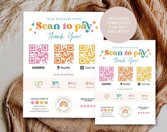 Editable Retro Rainbow Scan to Pay QR Sign, DIY Boho Printable Payment Sign, Accepted Payments Sign, Business QR Sign Canva Template, Twine