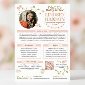 Boho Babysitter Editable Business Flyer template Canva, DIY Printable Caretaker Resume Template, Modern Childcare Services Babysitting Flyer