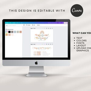 Puede incluir: Una pantalla de ordenador que muestra una plantilla de dise&ntilde;o de Canva para una tarjeta de visita. El dise&ntilde;o presenta un arco&iacute;ris con el texto "Rainbow Eclectic" en una fuente retro. El texto "&iquest;QU&Eacute; PUEDES EDITAR?" se enumera con vi&ntilde;etas que describen los elementos editables: texto, colores, fuentes, dise&ntilde;o y carga de gr&aacute;ficos propios.