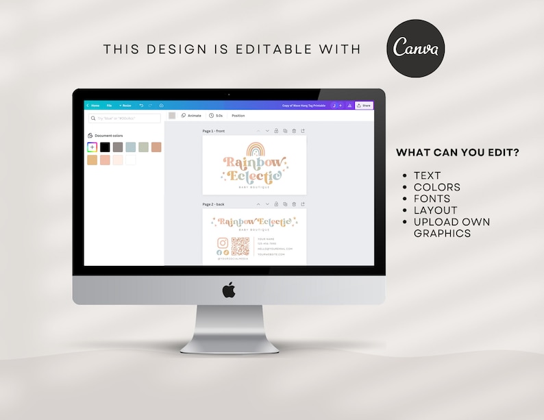 Puede incluir: Una pantalla de ordenador que muestra una plantilla de dise&ntilde;o de Canva para una tarjeta de visita. El dise&ntilde;o presenta un arco&iacute;ris con el texto "Rainbow Eclectic" en una fuente retro. El texto "&iquest;QU&Eacute; PUEDES EDITAR?" se enumera con vi&ntilde;etas que describen los elementos editables: texto, colores, fuentes, dise&ntilde;o y carga de gr&aacute;ficos propios.