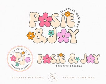 Bearbeitbare Retro Groovy Flower Logo Design Sofort-Download, vorgefertigte DIY Helle Bunte 70er Jahre Hippie Logo, Boutique Blogger Logo Brand - Posie