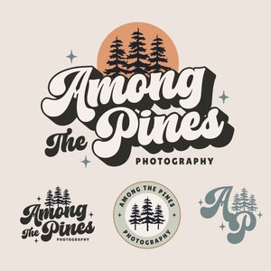 Download immediato del logo retrò Pine Tree, modello di logo Canva anni '70 con scritta Groovy predefinita fai da te, marchio di logo Boutique Boho Pine, Among Misti