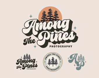 Retro Pine Tree Logo Design Sofort-Download, DIY Vorgefertigte Groovy Script 70er Jahre Canva Logo Vorlage, Boutique Boho Pine Logo Marke, Among