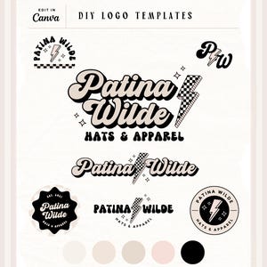 Neutral Retro Logo Canva Template | Beige Business Branding Kit | Vintage Checker Lightning Bolt Logo Bundle | Editable DIY Logo Design