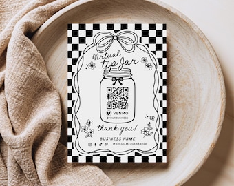 Retro Coquette Bow Printable Virtual Tip Jar, Venmo Payment Sign, Checker Editable Tips Accepted Sign Canva Template, QR Sign Template, Fran