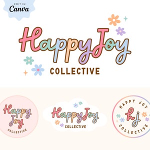 DIY Floral Rainbow Logo design Instant Download, Premade Modern Colorful Canva Logo template, Cute Etsy Shop Boutique Logo Brand, Hapjoy