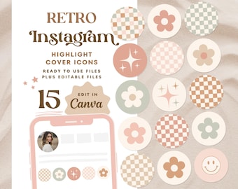Retro Instagram Highlight Covers | Cute IG Branding Kit | Checker & Flower Instagram Story Icons | Soft Pastel Boho Highlight Covers - Twine