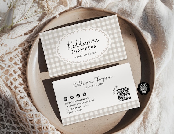 Neutral Business Card Template Canva QR Code, Trendy gingham Business Branding, Whimsical Feminine Editable Business Card Template, KT33