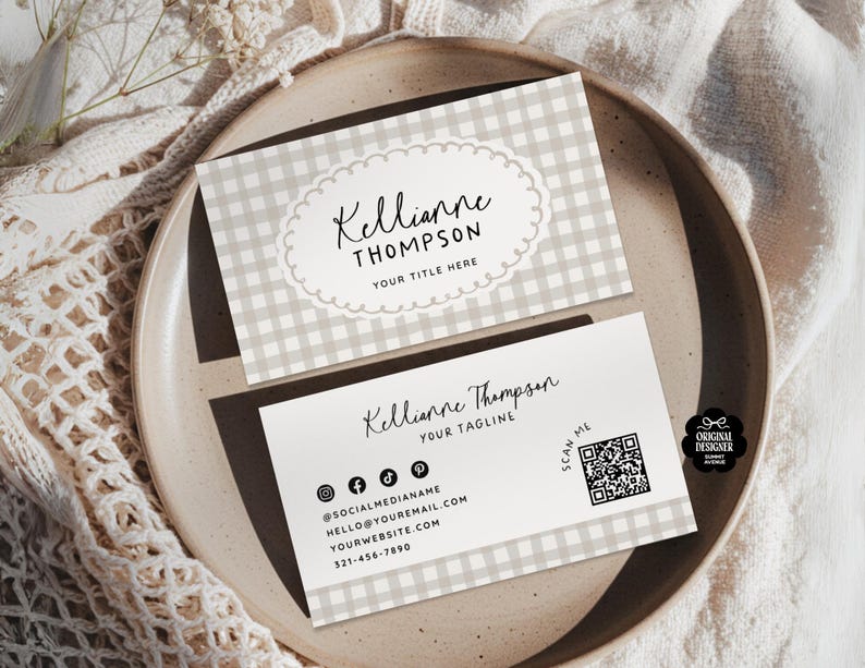 May include: Two business cards with a light gray gingham pattern. The top card has the name "Kellianne Thompson" in script within a scalloped oval. The bottom card includes social media icons, contact info, a QR code, and the text "Kellianne Thompson, YOUR TAGLINE".