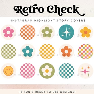 レトロチェック柄の Instagram ハイライト カバー、明るい花柄のストーリー カバーの Instagram ストーリー アイコン、70 年代のボヘミアン チェック柄の Instagram ハイライト アイコン - Twine