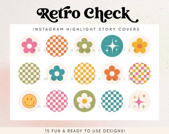 Retro Check Instagram Highlight Covers, Bright Flower Story Covers Instagram Story Icons, 70s Boho Checker Instagram Highlight Icons - Twine