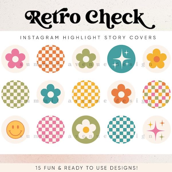 Retro Check Instagram Highlight Covers, Bright Flower Story Covers Instagram Story Icons, 70s Boho Checker Instagram Highlight Icons - Twine