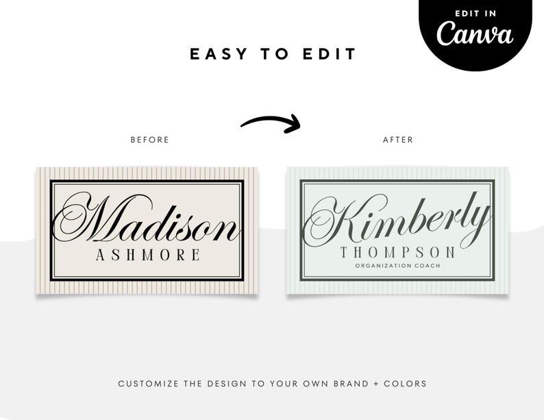 Pu&ograve; includere: Immagine di un modello di design con i testi "Madison Ashmore" e "Kimberly Thompson, Organization Coach." Facile da modificare in Canva, con un esempio prima e dopo. Personalizzabile con il tuo marchio e i tuoi colori.