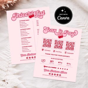 May include: Pink and red price list with a cherry graphic. Scan to pay QR codes for Venmo, PayPal, and CashApp. Also accepts credit card, Apple Pay, and Google Pay.  Leave us a review. Your Business Name. @YOURSOCIALHANDLE www.YOURWEBSITE.COM