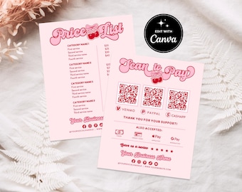 Coquette Cherry Price List & Scan to Pay Sign Canva Template, QR Code Small Business Sign Template, Price Menu Payment Business Sign, Cheri