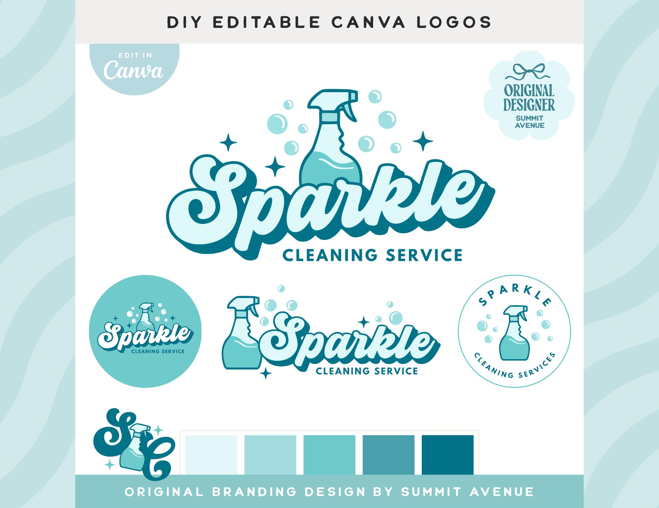 Retro Cleaning Logo Design Template, Blue House Cleaner Editable Logo Branding, Trendy Canva Logo for Cleaning Service Business, Bub