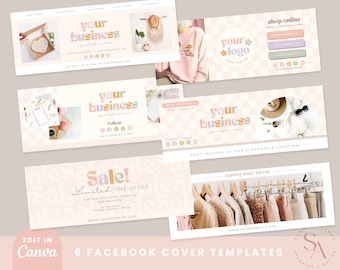 Editable Facebook Covers, DIY Boho Floral Facebook Page Banners, Checker Facebook Branding headers, Facebook Cover Canva Templates, Happi