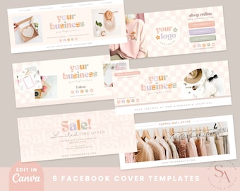 Könnte beinhalten: Sechs Facebook-Cover-Vorlagen mit einem rosa-weiß karierten Hintergrund. Die Vorlagen zeigen verschiedene Bilder, darunter einen rosa Pullover, einen Hut, eine Sonnenbrille und eine Kleiderstange. Der Text auf den Vorlagen lautet "Ihr Unternehmen", "Ihr Logo", "Online-Shop", "Neue Artikel", "Sale" und "Frühjahrs-Verkaufsveranstaltung".