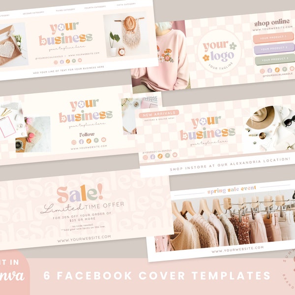 Editable Facebook Covers, DIY Boho Floral Facebook Page Banners, Checker Facebook Branding headers, Facebook Cover Canva Templates, Happi