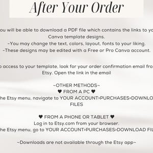 May include: Instructions on how to access and download Canva templates after purchasing them on Etsy. The text explains how to access the templates through an email link, Etsy account, or Etsy app.