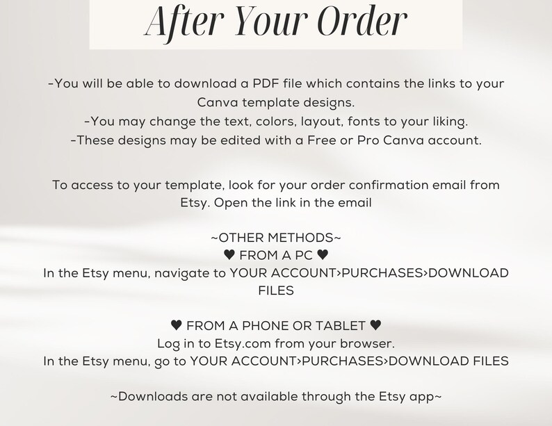 May include: Instructions on how to access and download Canva templates after purchasing them on Etsy. The text explains how to access the templates through an email link, Etsy account, or Etsy app.