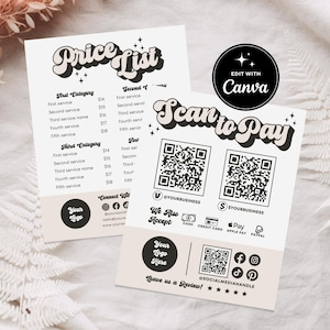 以下が含まれることがあります： レトロなフォントで書かれた白黒の価格表。リストには、さまざまなサービスとその価格が記載されています。リストの下部には、ロゴ、ソーシャルメディアアイコン、スキャンして支払うためのQRコードがあります。「Scan to Pay」というテキストはレトロなフォントで書かれています。