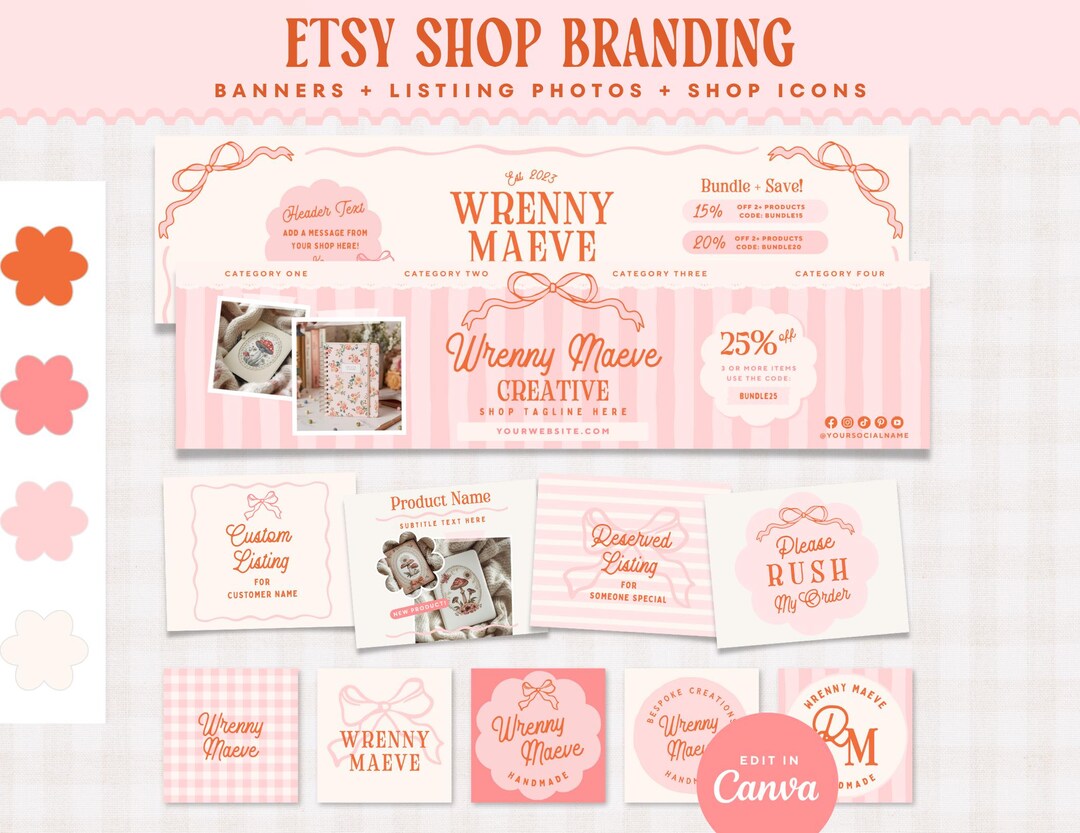 Pink Cottagecore Etsy Shop Branding Kit, Coquette Bow Canva Templates ...
