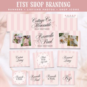 May include: A digital Etsy shop branding kit featuring light pink and white vertical stripes. The set includes banners, listing photos, and shop icons with black cursive text reading Cottage Co. Mercantile, Rosavelle & Pearl, and RP.