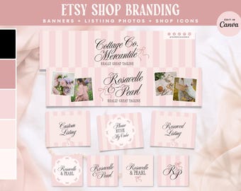 May include: A digital Etsy shop branding kit featuring light pink and white vertical stripes. The set includes banners, listing photos, and shop icons with black cursive text reading Cottage Co. Mercantile, Rosavelle & Pearl, and RP.
