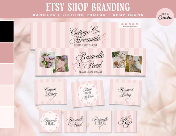 Editable Black Bow Etsy Shop Template Kit Canva, Blush Pink Luxury Etsy Shop Banners, Elegant Etsy Seller Template, DIY Store Branding, LX44