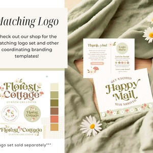 May include: A set of printable cards with a floral design and the text "Florest Cottage Custom Creations" and "Get Excited Happy Mail Has Arrived". The cards are on a green fabric background with white daisies.